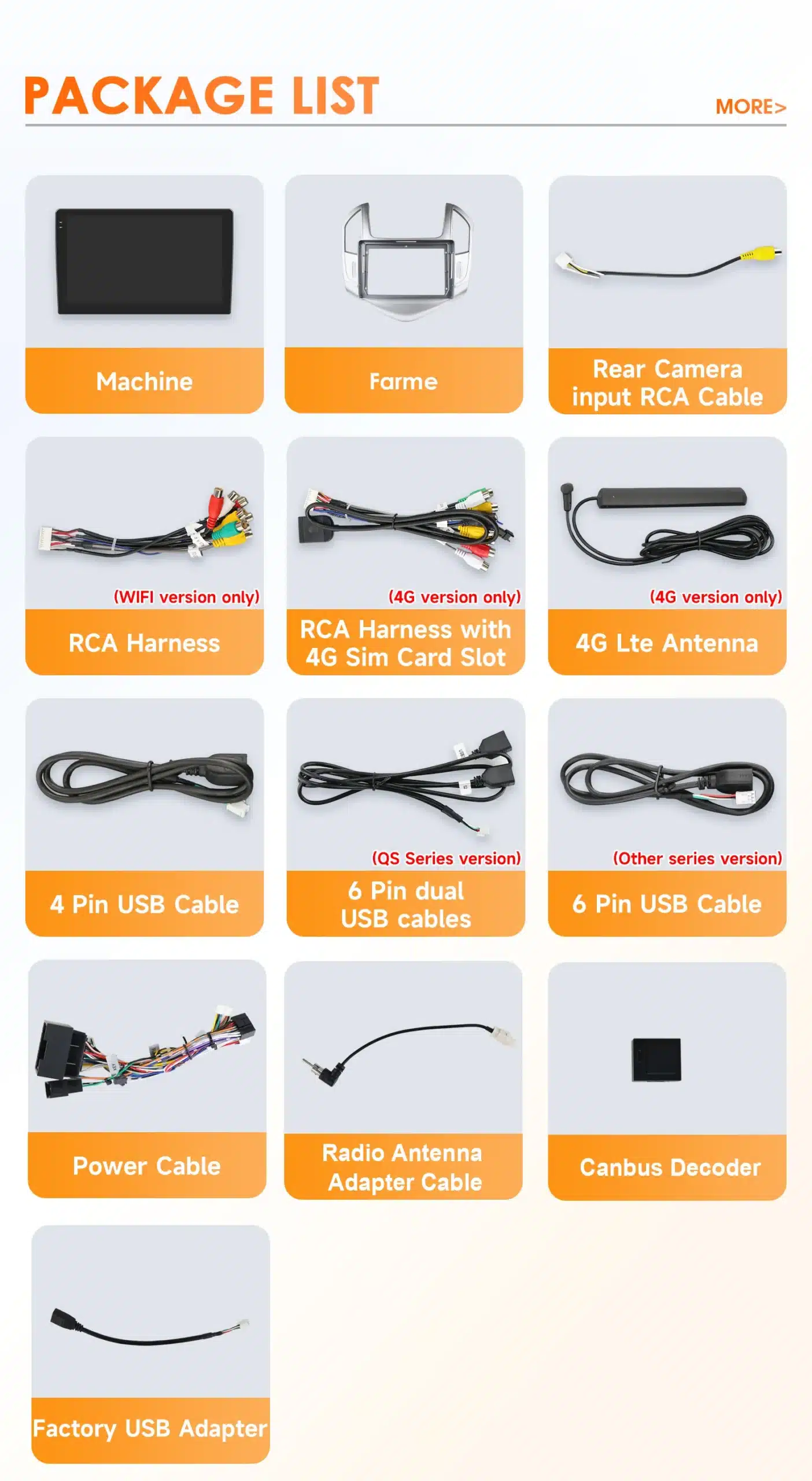 Mitmekesine komponentide valik multimeedia autoraadio paigaldamiseks Chevrolet Crusele. Komplekt sisaldab erinevaid juhtmeid, raame ja antenne, mis on paigutatud valgel taustal koos selgete etikettidega.