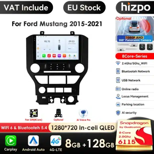 Must värv auto navi ja stereo multimeedia seade Ford Mustangile. Ekraan näitab menüüd erinevate rakendustega. Toode sisaldab funktsioone nagu Bluetooth, WLAN ja AI häälprofiil ning on mõeldud Ford Mustangile 2015–2021 mudeliaastatele.