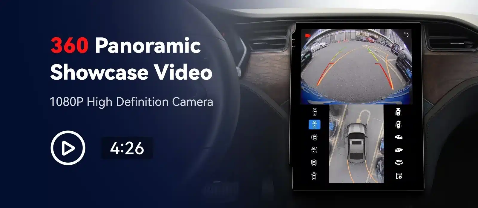 Auto navi ja stereo multimeedia Ford Mustangile, millel on 360-kraadine panoraamkaamera ja kõrglahutusega ekraan. Ekraanil kuvatakse parkimisabi graafika koos tagasiside ja külgvaatega autos teel.