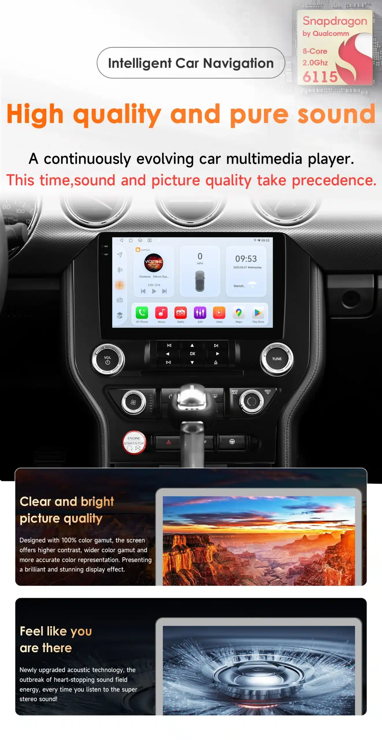 Auto navi ja stereo multimeedia Ford Mustangile, näitab kvaliteetset multimeediamängijat keskse suure ekraaniga, mustas armatuurlauas, koos värviküllaste kujutiste ja detailirohke helitehnoloogia esitlusega.