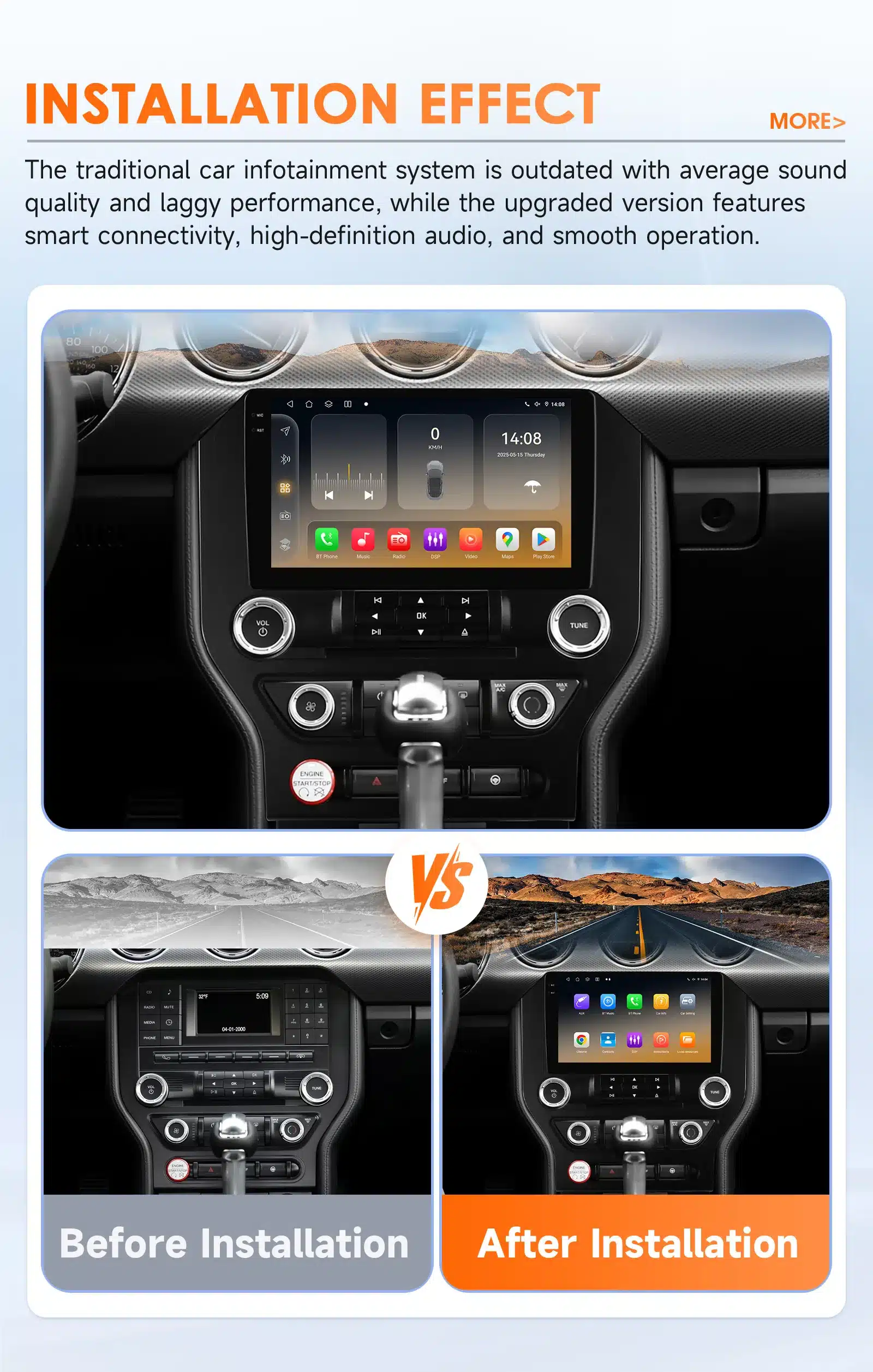 Ford Mustangi armatuurlaud, millel on installitud uus auto navi ja stereo multimeedia süsteem. Uus süsteem on modernselt disainitud, sisaldab kõrglahutusega ekraani ja intuitiivset juhtimisliidest, taustal metallik hõbedane armatuur.