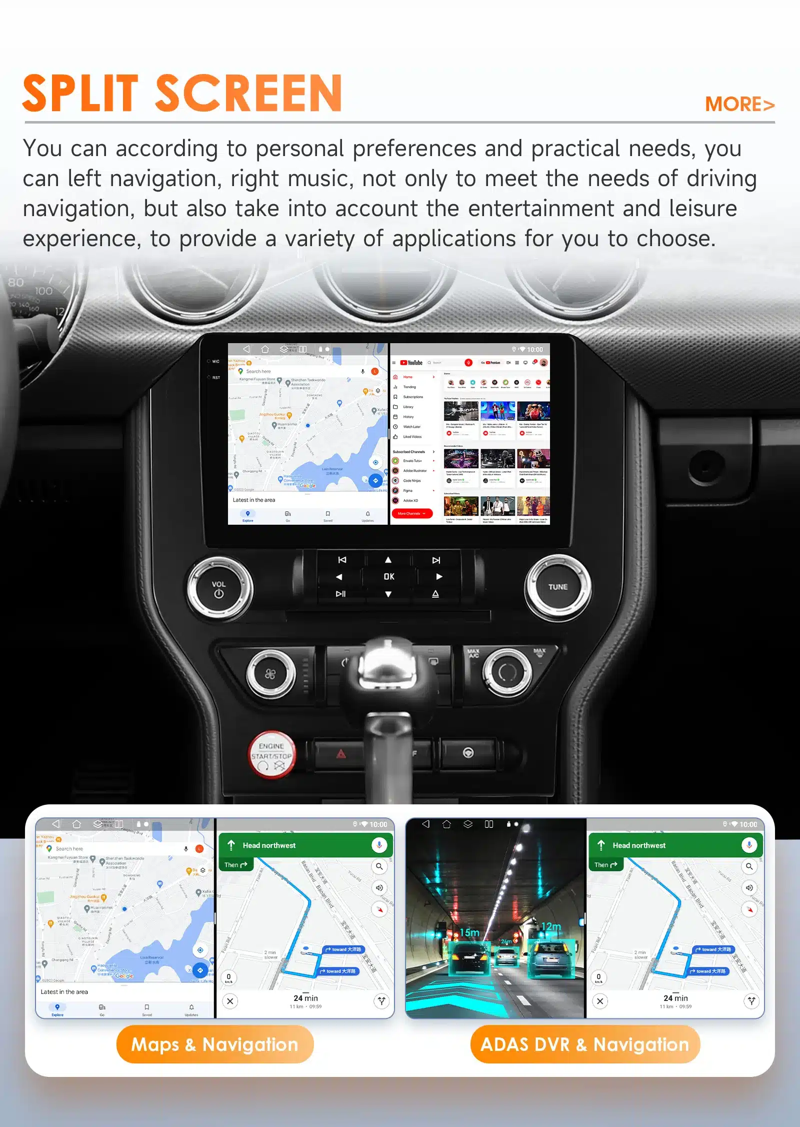 Auto navi ja stereo multimeedia Ford Mustangile, kuvatud ekraanil kaardirakendus ja YouTube rakendus kõrvuti, esipaneel koos nupu- ja juhtimisfunktsioonidega, must taust.