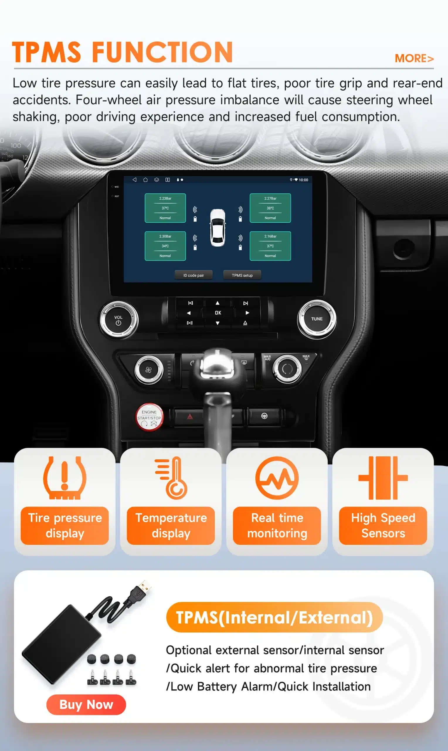 Auto navi ja stereo multimeedia Ford Mustangile, mis kuvab TPMS funktsiooni ekraanil, näidates reaalajas rehvi rõhku ja temperatuuri. Seade asub auto armatuurlaual ja selle ümber on musta värvi interjöör.