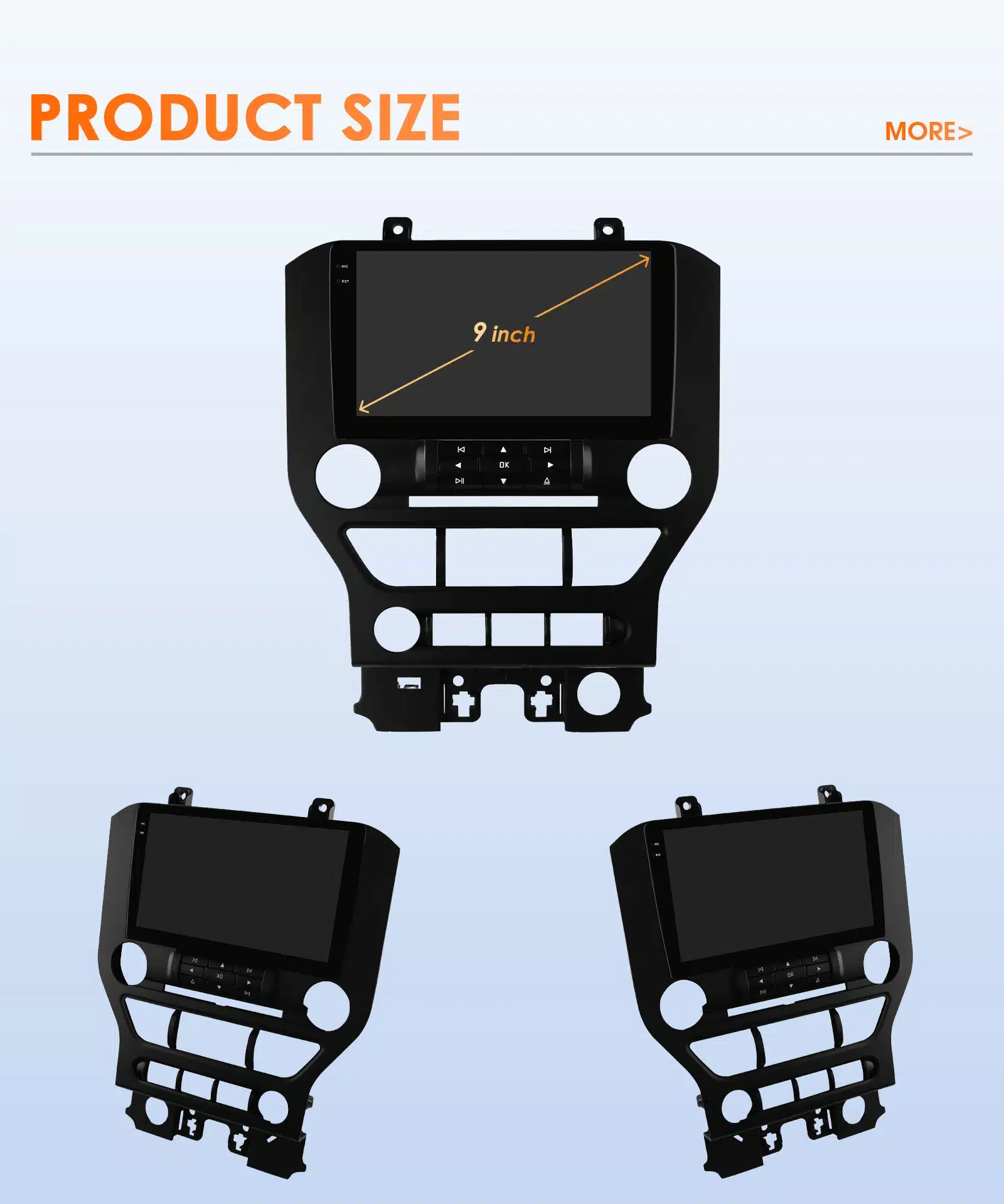 Must 9-tolline auto navi ja stereo multimeedia ekraan Ford Mustangile, klassikalise kuju ja juhtimisnuppudega, helendava toote suuruse märgisega heledal taustal.