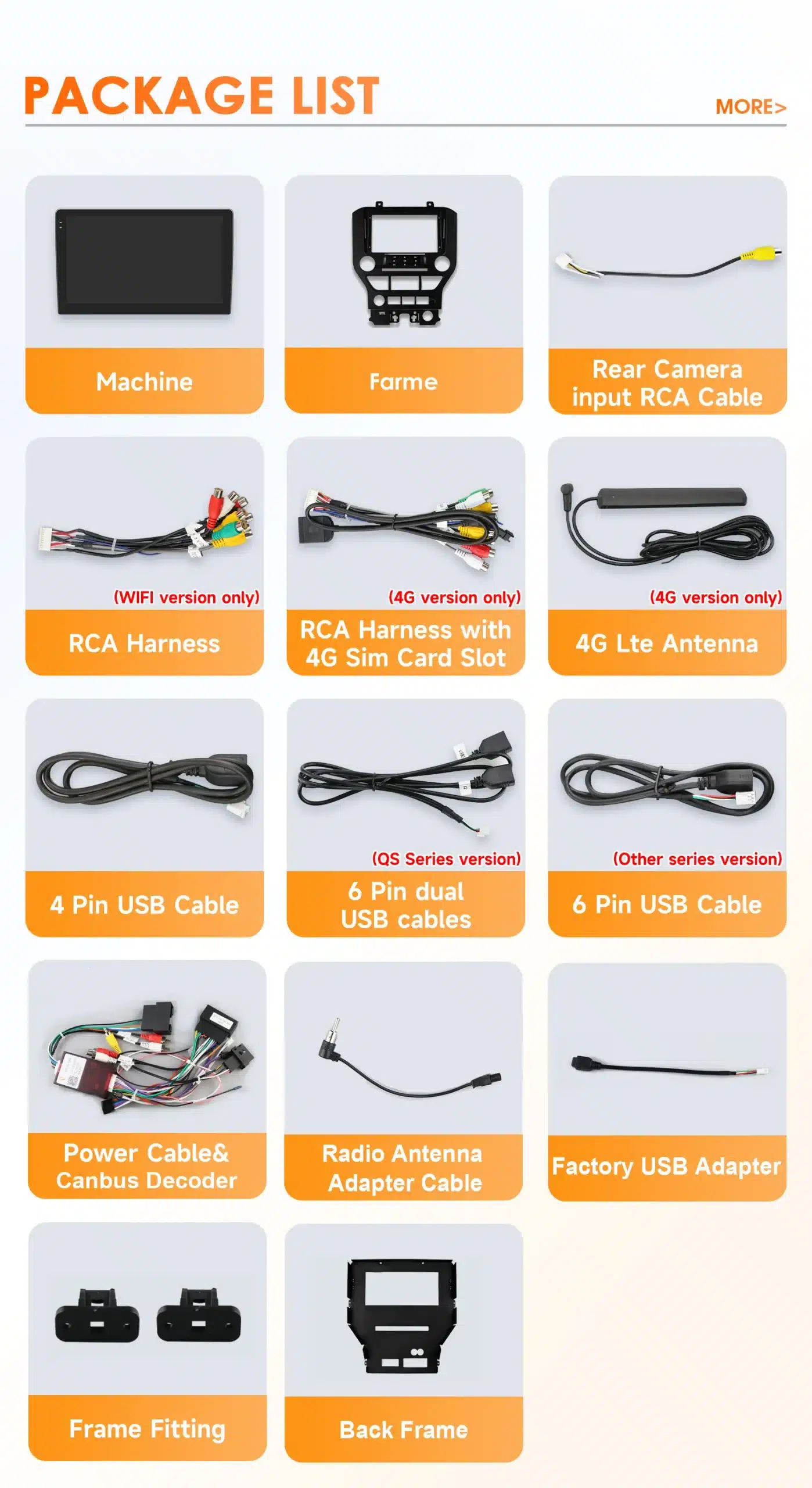 Komplektne auto navi ja stereo multimeedia süsteemi pakett Ford Mustangile, sisaldades masina ekraani, raami, tagakaamera RCA kaablit, USB kaableid, RCA rakmeid ja antenni. Kõik komponendid on paigutatud valge taustaga ning selgelt tähistatud oranžide ja hallide etiketitega.