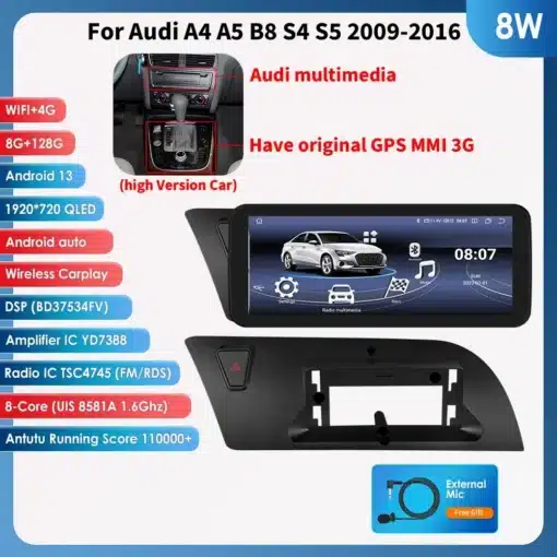 Autoraadiod multimeedia Android Navi GPS Audi A4/A5/S4/S5. Pildil on must ekraan koos menüünuppudega, hall taust ja lisavarustus.