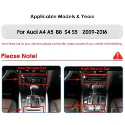 Kahe erineva Audi A4/A5/S4/S5 mudeli keskkonsoolid, näidates erinevusi multimeedia seadmete vahel aastatel 2009-2016.