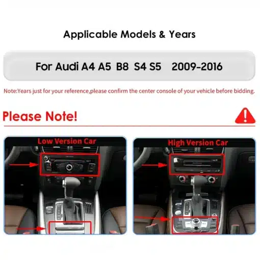 Juhtmevaba CarPlay auto raadio Audi A4-le, GPS ja 4G | E-pood Tootemaailm Kahe erineva Audi A4/A5/S4/S5 mudeli keskkonsoolid, näidates erinevusi multimeedia seadmete vahel aastatel 2009-2016.