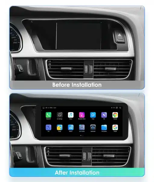 Juhtmevaba CarPlay auto raadio Audi A4-le, GPS ja 4G | E-pood Tootemaailm Pildil on Audi A4/A5/S4/S5 auto armatuurlaud, millel on nähtav uue multimeedia Android Navi GPS autoraadio süsteemi ekraan paigaldamise eel ja järel. Ülemisel pildil on vana, tühi ekraan ning alumisel pildil on uus, värviküllaste ikoonidega multimeedia ekraan.