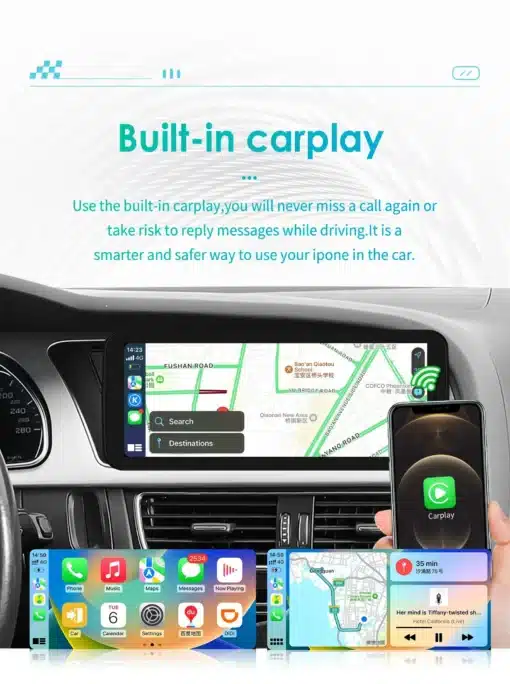 Juhtmevaba CarPlay auto raadio Audi A4-le, GPS ja 4G | E-pood Tootemaailm Sõiduki armatuurlaud, millel kuvatakse Autoraadiod multimeedia Android Navi GPS Audi A4/A5/S4/S5, kaasaegne kaardirakendus ja iPhone, mis kuvab CarPlay rakendust. Taust on minimalistlik ja elegantne.