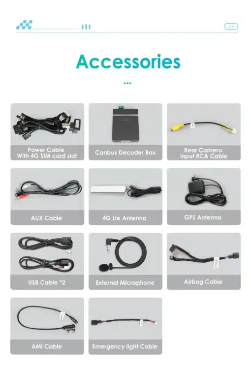 Juhtmevaba CarPlay auto raadio Audi A4-le, GPS ja 4G | E-pood Tootemaailm Kollaaž mitmest autotarvikust, sealhulgas 4G SIM-kaardi pesaga toitekaabel, Canbus dekooder, tahavaatekaamera RCA kaabel, AUX kaabel, 4G LTE antenn, GPS antenn, USB kaablid, väline mikrofon, turvapadi kaabel, AMI kaabel ja hädavalgustuskaabel, kõik asetatud valgele taustale. Sobivad kasutamiseks autoraadiote multimeedia Android Navi GPS süsteemides Audi A4/A5/S4/S5 mudelitel.