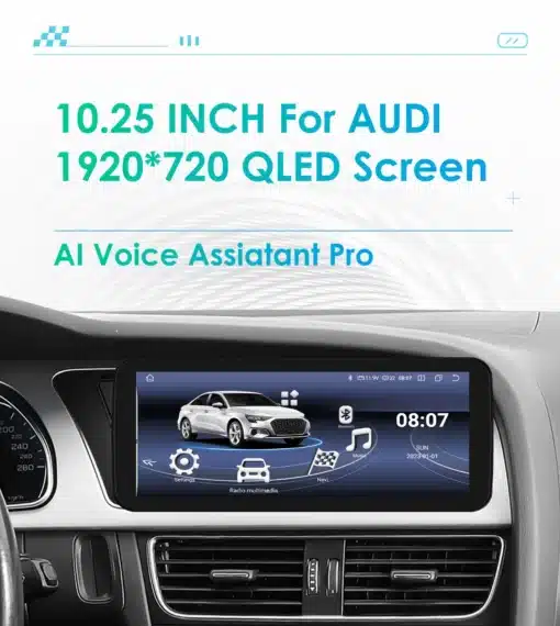 Juhtmevaba CarPlay auto raadio Audi A4-le, GPS ja 4G | E-pood Tootemaailm 9-tolline Android multimeedia ekraan Audi A4/A5/S4/S5 autos, kuvades navigeerimist ja muusikavalikud selgel QLED ekraanil.