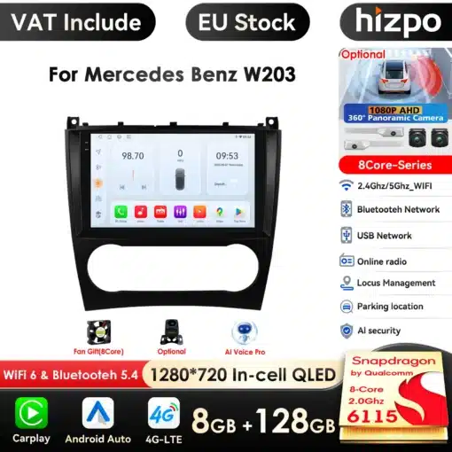 Multimeedia autoraadiod Mercedes-Benz W203 W209, millel on suur 1280x720 in-cell QLED ekraan, must raamistik, kaasaegne liides ja erinevad ühenduvusvõimalused nagu WiFi 6 ning Bluetooth 5.4.