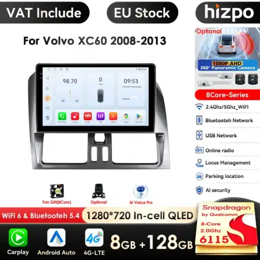 Multimeedia autoraadiod Volvo XC60 (2008-2013) koos suure selge ekraani, musta raamiga ja erinevate funktsioonide ikoonidega, nagu 4G-LTE ja Bluetooth tugi. Taustal on EU Stock ja VAT Include märgised.