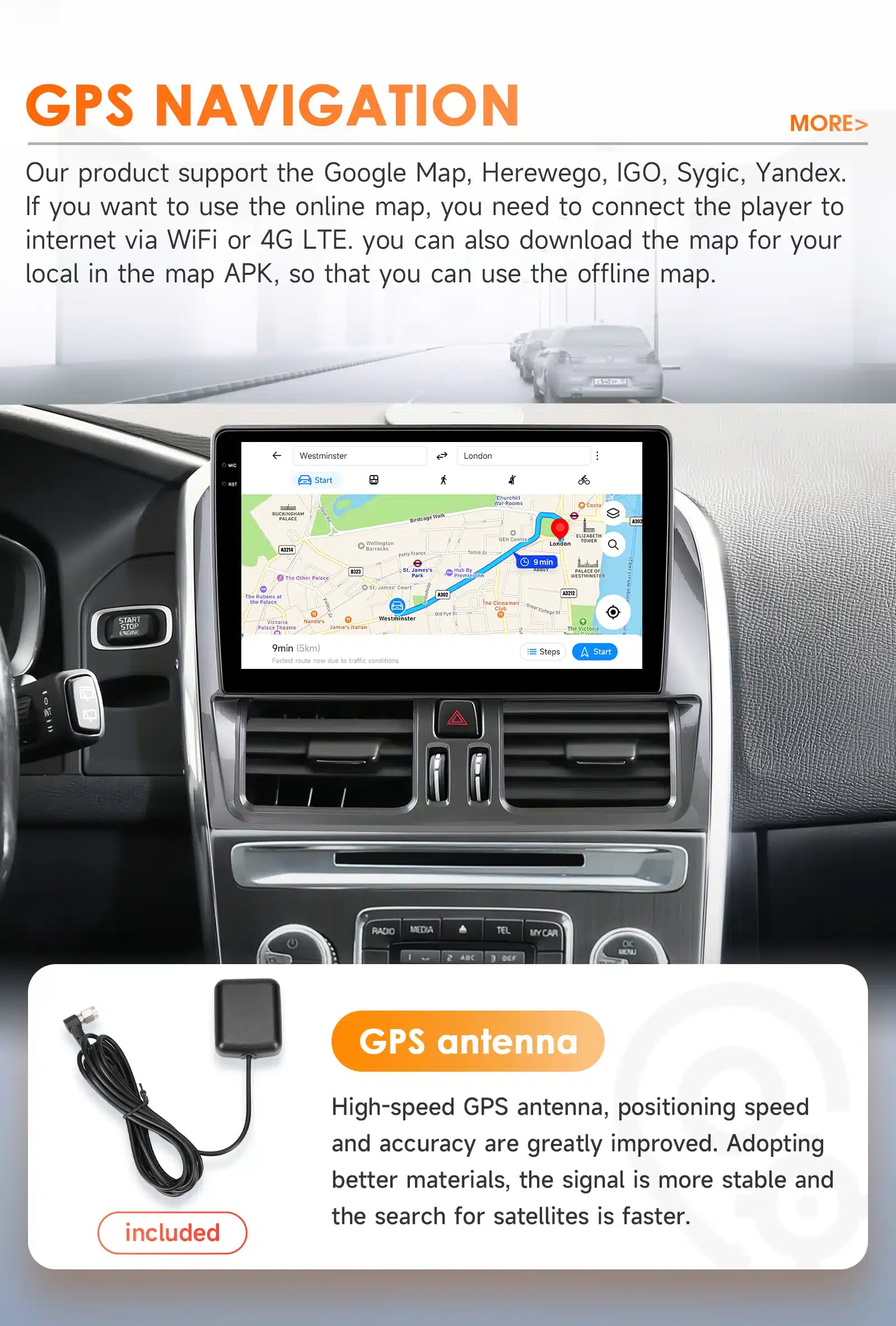 Multimeedia autoraadiod Volvo XC60 (2008-2013) kuvab GPS-navigatsiooni Google Maps abil, mille ekraan on paigaldatud aut IP-paneelile, sisaldades ka eraldiseisvat GPS-antennit kiirema ja täpsema ühenduse tagamiseks.