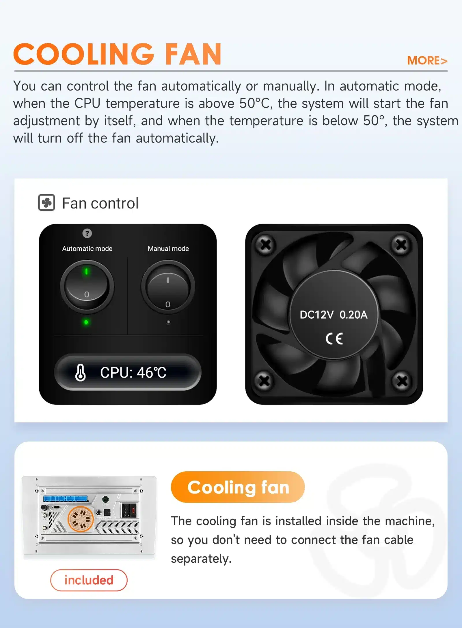 Volvo XC60 (2008-2013) multimeedia autoraadiote jahutusventilaator koos automaatse ja käsitsi juhtimise grafiikaga, mis näitab CPU temperatuuri ja ventilaatori parameetreid.