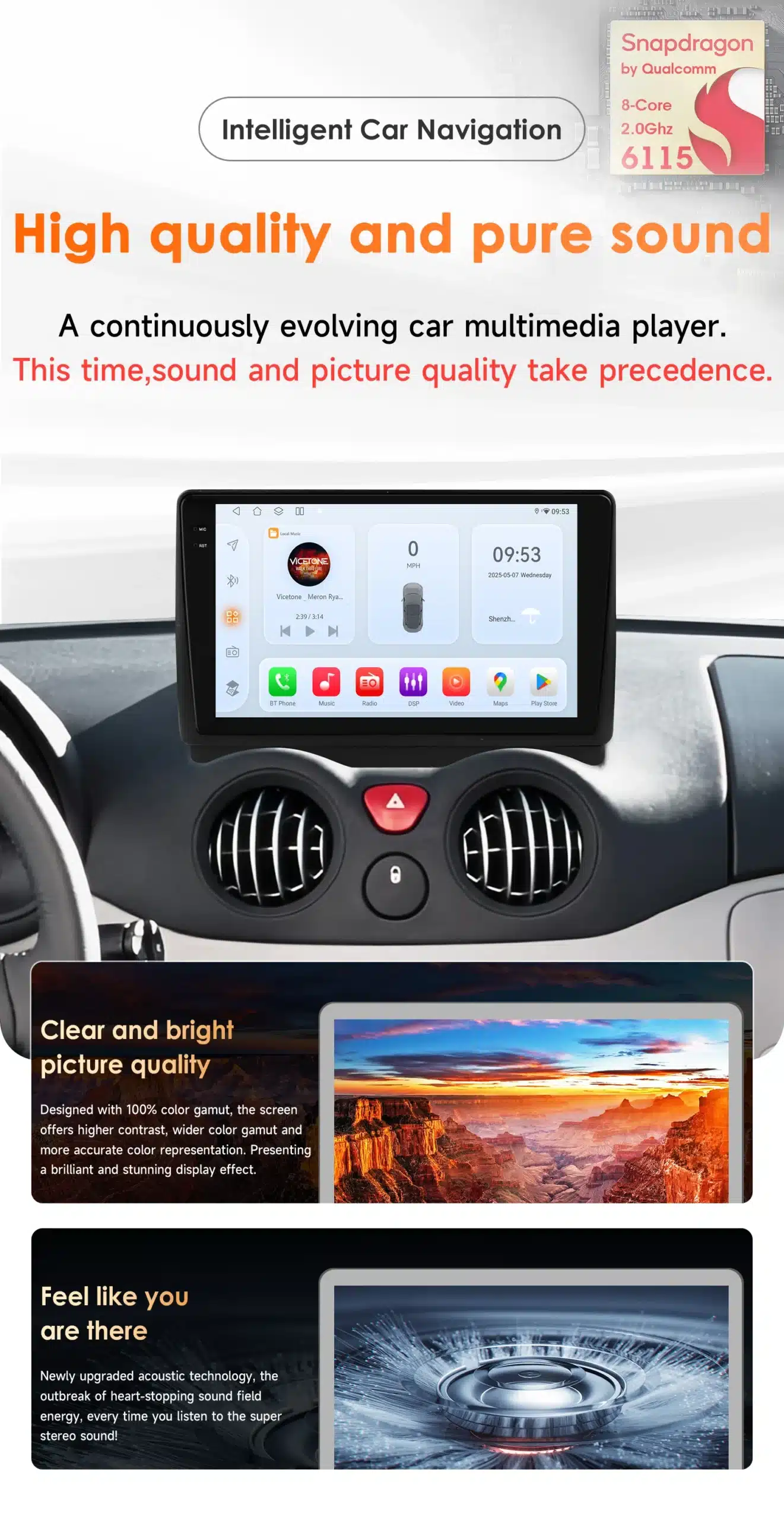 Multimeediakeskus Citroen C2 2002 - 2006 Citroen C3, kaasaegse ekraaniga, mis kuvab värvikaid ja selgeid graafikaelemente armatuuril. Süsteem on paigaldatud auto juhtpaneeli, esiplaanil on selged nupud ja intuitiivne kasutajaliides. Lisaks on näha kõrge eraldusvõimega loodusvaated ja kvaliteetset heli edastav kõlar.