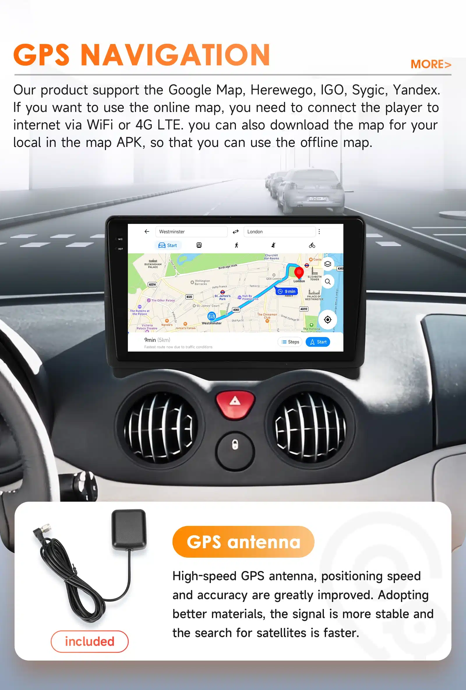 Multimeediakeskus Citroen C2 2002 - 2006 Citroen C3 armatuurlaual, ekraanil GPS navigeerimise kaardirakendus, kõrval GPS antenn.