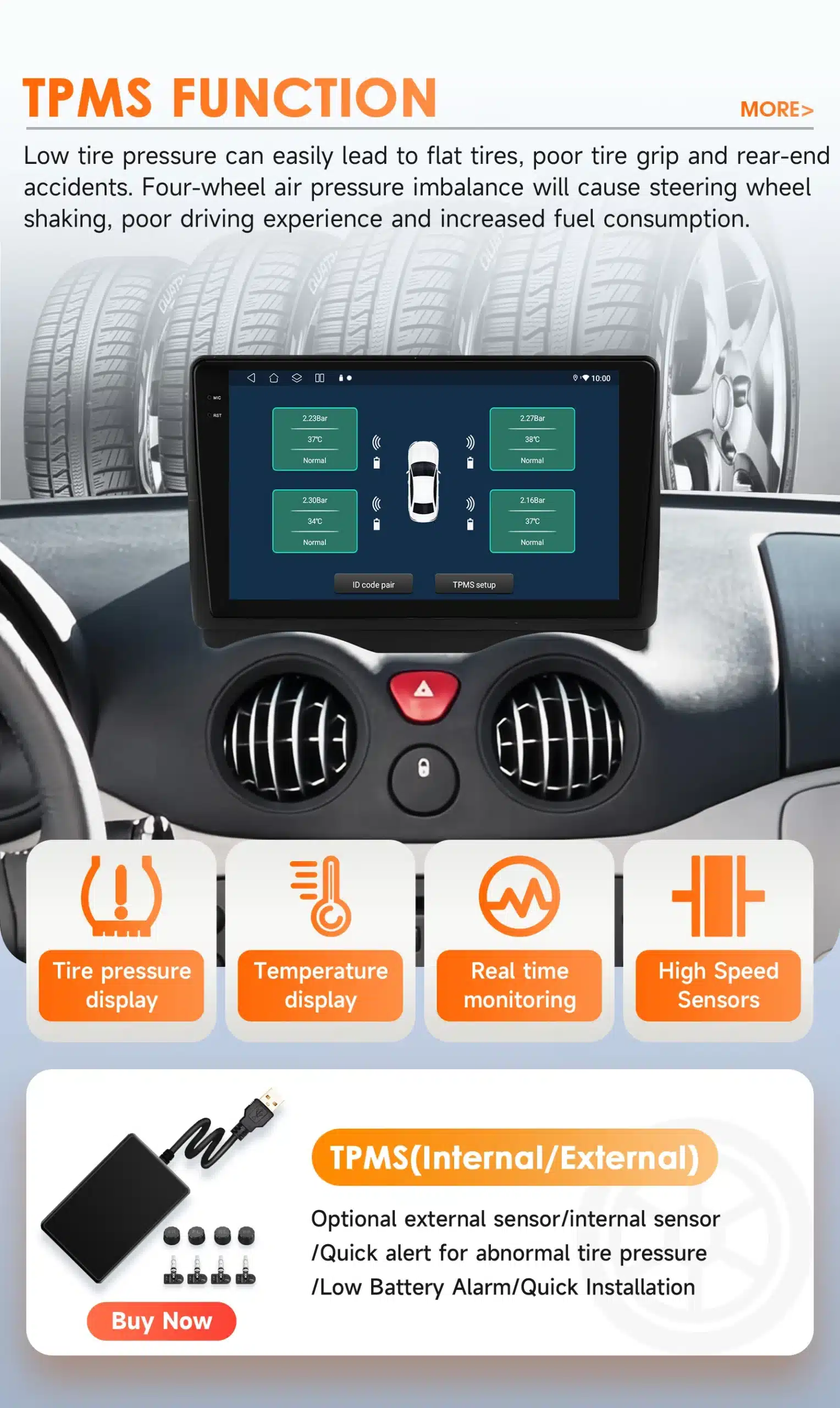 Multimeediakeskus Citroen C2 2002 - 2006 Citroen C3 ekraan autorooli all, millel kuvatakse reaalajas rehvirõhu andmed. Ekraanil on neli tire pressure ikooni ja anduri indikaatorid. Taustal on rehvid ja interjöör on must.