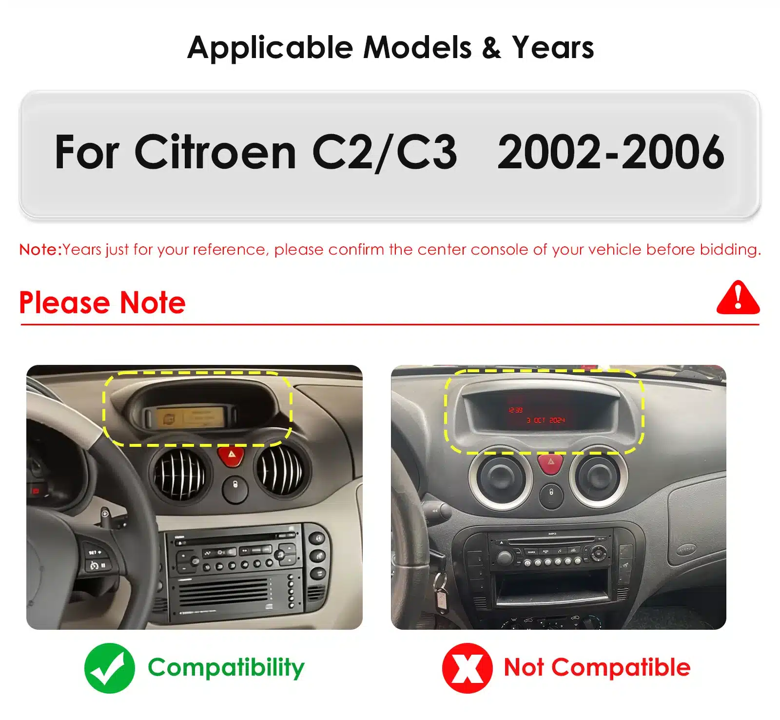 Multimeediakeskus Citroen C2 2002 - 2006 Citroen C3 sobivus- ja mittesobivuspildid. Vasakul sobiv keskkonsool rooli ja nupustikuga, paremal mittesobiv keskkonsool. Märkused ühilduvuse kohta.