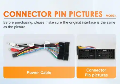 Android autoraadiod GPS ja WiFi KIA Sportage (2010-2016) 2DIN | E-pood Tootemaailm Android autoraadiod GPS ja WiFi KIA Sportage (2010-2016) 2DIN pistikute ja toitekaabli pildid, erinevat värvi juhtmed valge tausta ees.