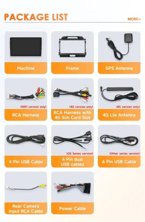 Android autoraadiod GPS ja WiFi KIA Sportage (2010-2016) 2DIN | E-pood Tootemaailm Android autoraadiod GPS ja WiFi KIA Sportage (2010-2016) 2DIN pakendi sisu: raadioseade, raam, GPS antenn, RCA juhtmestik, 4G SIM-kaardi pesa juhtmestik, 4G LTE antenn, erinevad USB kaablid, tagakaamera RCA kaabel ja toitekaabel. Osad kaablid ja juhtmestikud on tähistatud versioonidega WiFi, 4G ja QS Series.