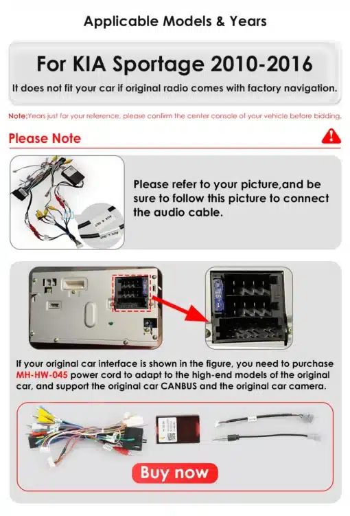 Android autoraadiod GPS ja WiFi KIA Sportage (2010-2016) 2DIN | E-pood Tootemaailm Juhend koos illustratsiooniga Android autoraadiote ühendamiseks GPS ja WiFi KIA Sportage (2010-2016) 2DIN mudeli jaoks. Nähtaval on erinevad kaablid ja ühenduspunktid selgete juhistega.