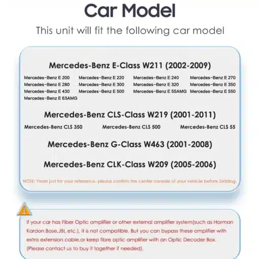 Android multimeedia autoraadiod Mercedes-Benz E-klass | E-pood Tootemaailm Mercedes-Benz E-klassi ja teiste mudelite loetelu, millele sobivad Android multimeedia autoraadiod. Tabel sisaldab erinevate klasside ja aastate vahemikke.