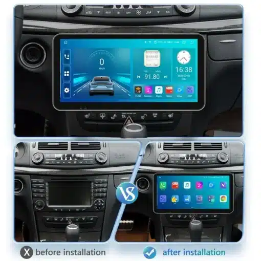 Android multimeedia autoraadiod Mercedes-Benz E-klass | E-pood Tootemaailm Android multimeedia autoraadiod Mercedes-Benz E-klass, millel on suur, ere ekraan, paigaldatud auto esiküljele. Vasakul ekraan enne paigaldamist ja paremal pärast paigaldamist koos värvilise kasutajaliidesega.