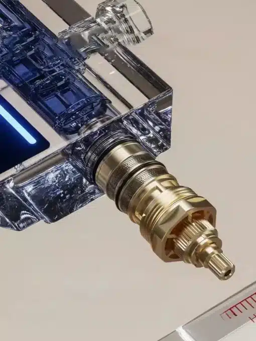 Nutikas digitaalne dušisüsteem | E-pood Tootemaailm Nutikas digitaalne dušisüsteem, millel on läbipaistev plastkomponent ja messingist detailid, mis kinnituvad stiilses vannitoa seadistuses neutraalse taustaga.