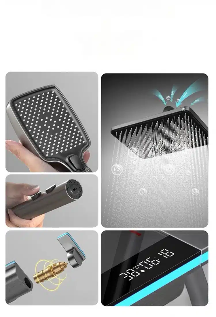 Kollaaž erinevatest Nutikas digitaalne dušisüsteem komponentidest, sealhulgas digitaalne ekraan, dušiotsik ja veejugade illustratsioon modernses disainis.