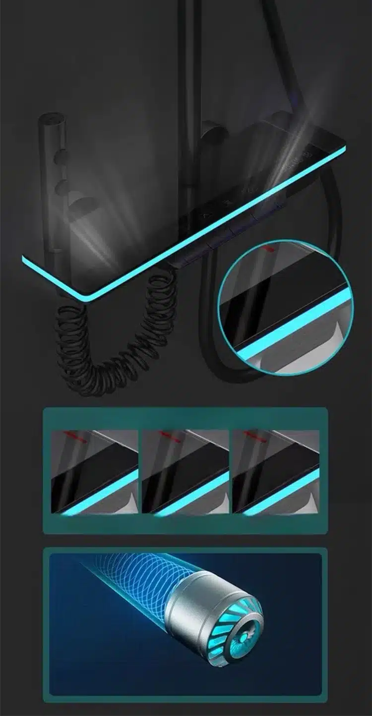 Nutikas digitaalne dušisüsteem koos modernse valgustusega, digitaalsete nuppudega ja elegantse vooliku disainiga pimedas keskkonnas.