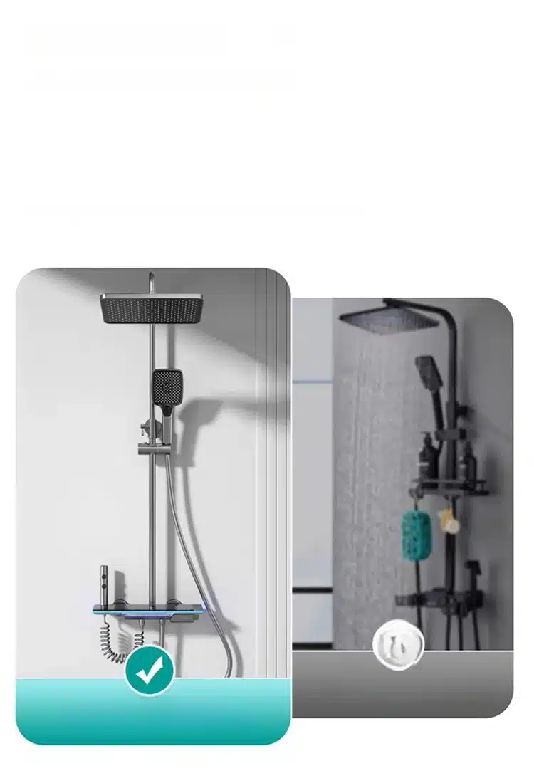 Nutikas digitaalne dušisüsteem sisaldab modernset halli viimistlust, mis on paigaldatud valgele vannitoa seinale. Duši- ja käsiduşipea on metallist, voolik on elegantse kaarega. Taustal on voolav vesi, mis rõhutab süsteemi efektiivsust.