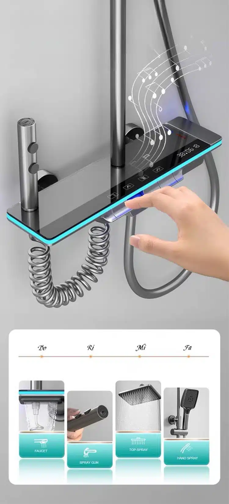 Nutikas digitaalne dušisüsteem kaasaegses vannitoas, millel on puutetundlik juhtpaneel ja mitme funktsiooniga pihustid. Süsteem on metallist, mustade ja hallide toonidega, sobib elegantsesse ruumi.