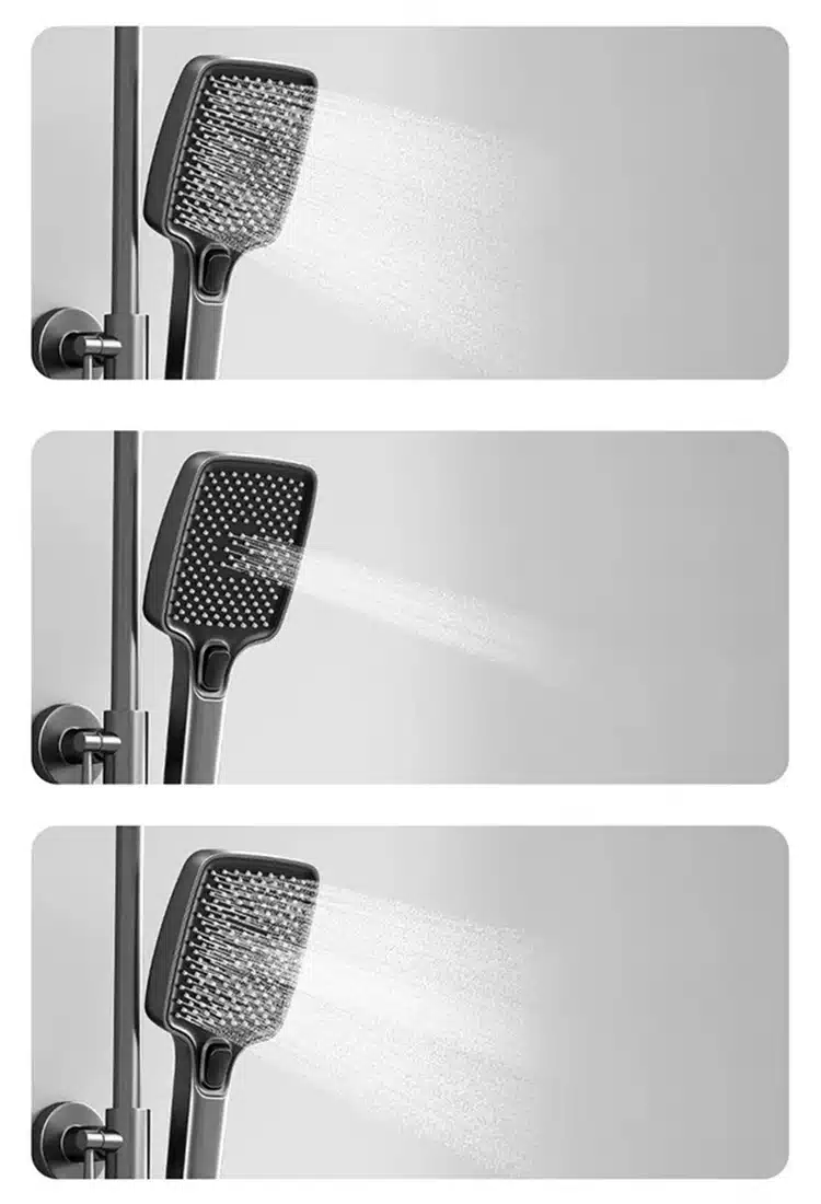 Kolm erinevat vaadet nutikast digitaalsest dušisüsteemist, millel on reguleeritav peahoideja ja täpselt suunatud veepihustid mustal taustal.