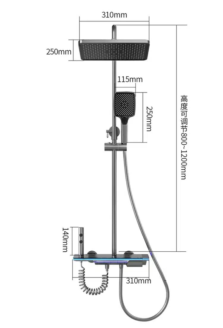 Nutikas digitaalne dušisüsteem halli viimistlusega, millel on suur reguleeritav pea ja käsidušš. Süsteemil on täpselt mõõdulised osad ja paindlik voolik, paigaldatud neutraalse taustaga vannitoas.