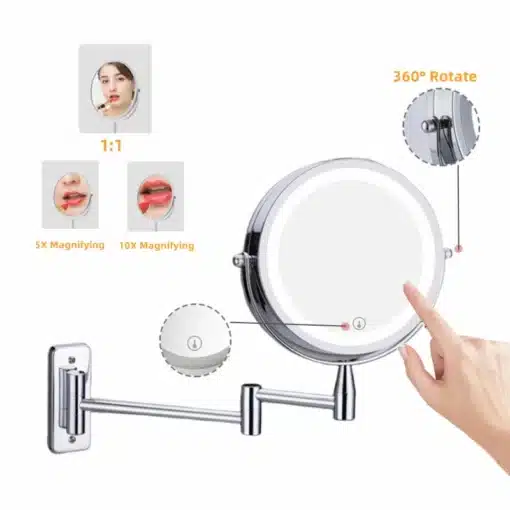 Seinale kinnitatav suurenduse ja LED-valgustusega meikimise peegel | E-pood Tootemaailm Seinale kinnitatav suurenduse ja LED-valgustusega meikimise peegel, millel on elegantne signaalvahenditest valmistatud disain. Peegel on varustatud 360-kraadise pöördefunktsiooni ja reguleeritava käega, luues täiusliku valguse ja vaatenurga igaks meikimisvajaduseks. Suurendusvõimalusega ning tänapäevase LED-valgustusega muudab see detailid selgeks ja nähtavaks.