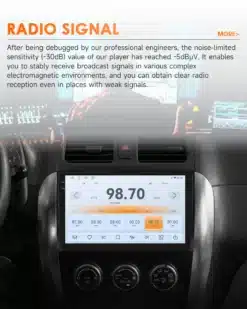 Android autoraadio Suzuki SX4 / Fiat Sedici auto armatuurlaud, kus ekraanil kuvatakse raadio sagedus 98.70 koos heliseadistustega. Armatuurlaua ümber on näha kaasaegne interjöör.