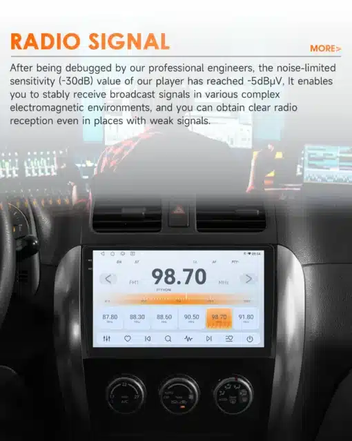 Android autoraadio Suzuki SX4 / Fiat Sedici auto armatuurlaud, kus ekraanil kuvatakse raadio sagedus 98.70 koos heliseadistustega. Armatuurlaua ümber on näha kaasaegne interjöör.