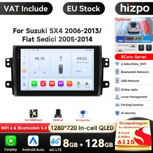 Android autoraadio Suzuki SX4 / Fiat Sedici, millel on 8-tuumaline 2.0Ghz protsessor, 1280x720 QLED ekraan ja võimalused nagu WiFi, Bluetooth, USB ja 4G-LTE.