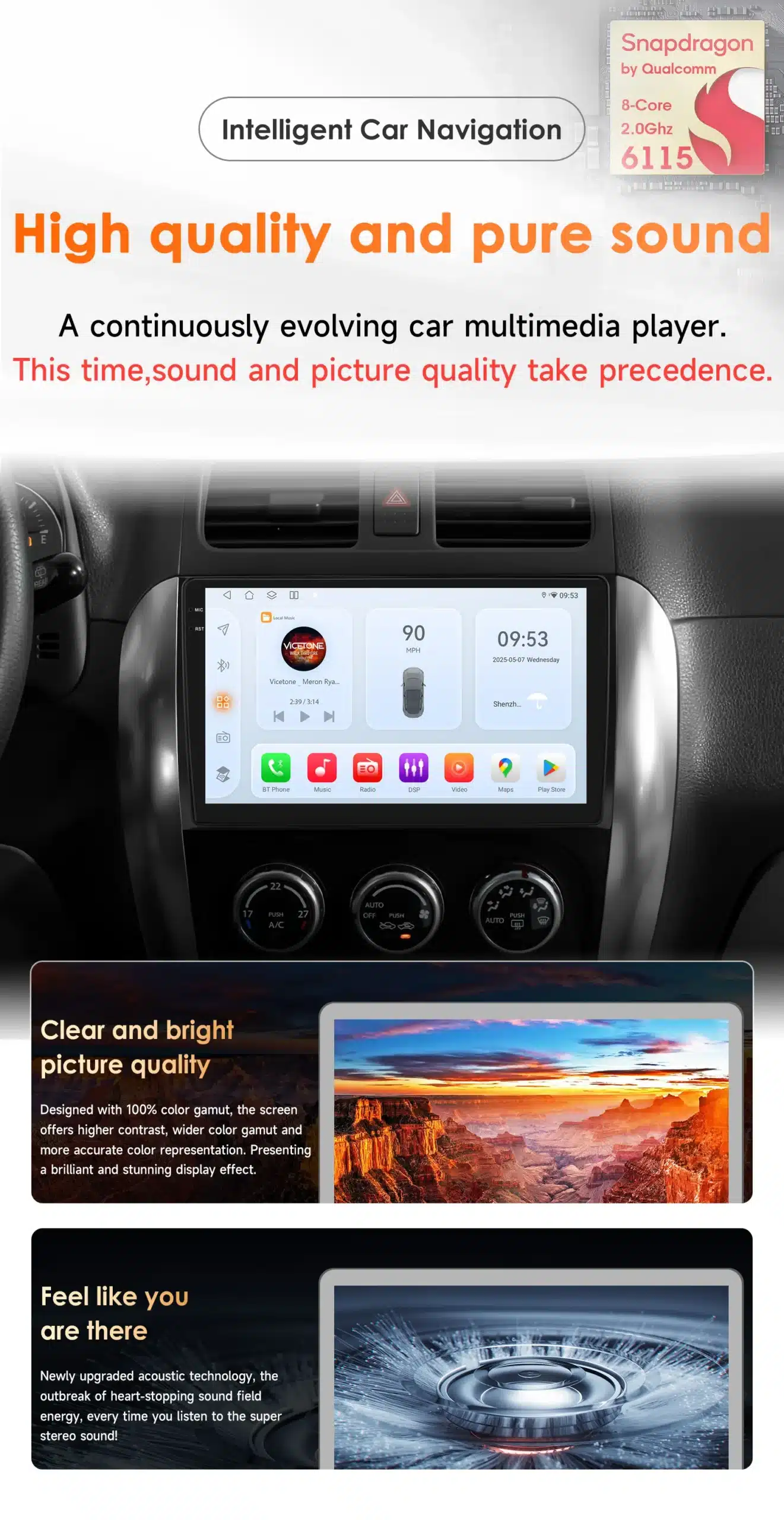 Android autoraadio Suzuki SX4 / Fiat Sedici multimeediamängija, ekraanil helifunktsioonid ja kiirusnäidik. Ekraanil kirjad kõrvaklappide ja muusikaikoonidega. Rool ja armatuurlaud musta värvi.