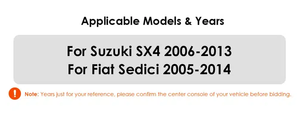 Infograafik, mis näitab Android autoraadio sobivust Suzuki SX4 (2006-2013) ja Fiat Sedici (2005-2014) mudelitele, koos tähelepanekuga, et tarvitajatel tuleks kontrollida oma sõiduki keskonsolt.