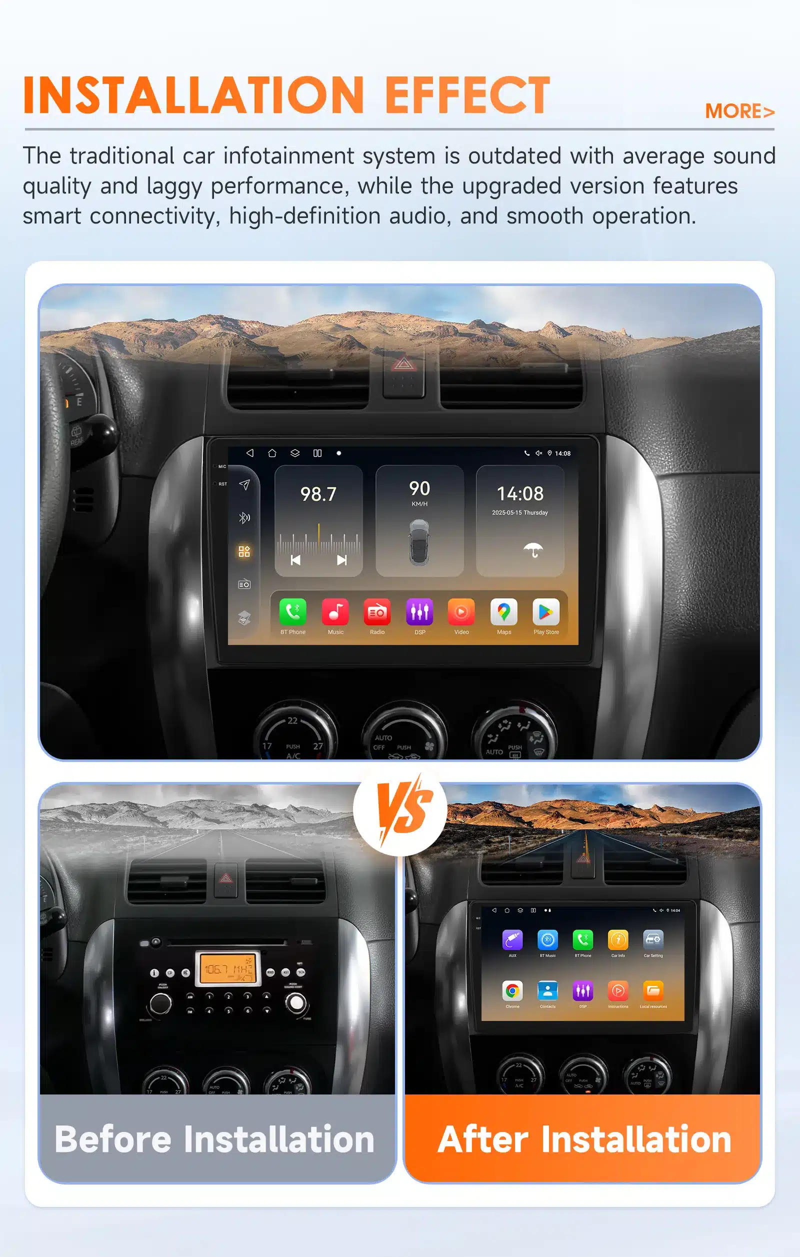 Installitud Android autoraadio Suzuki SX4 / Fiat Sedici armatuurlaual, ekraanil mitmed rakendused ja funktsioonid. Allpool enne ja pärast paigaldust pildid, vasakul vana raadio, paremal uuendatud süsteem.