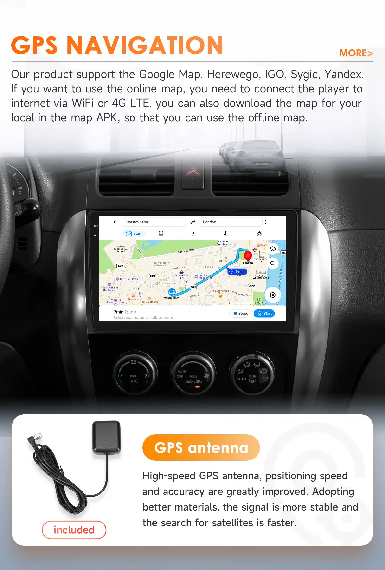 Android autoraadio Suzuki SX4 / Fiat Sedici sõiduki armatuurlaual näidatud GPS-funktsioon, kus kaart kuvab marsruuti. Raadio ekraanil on digitaalne kaart, ümbritsetud musta raami ja hõbedaste detailidega. Taustal on sõiduki interjöör, millel on nähtavad ventilatsiooniavad ja nupud. Alumises osas on pilt kiirest GPS antennist koos juhega ja selgitav tekstikast.