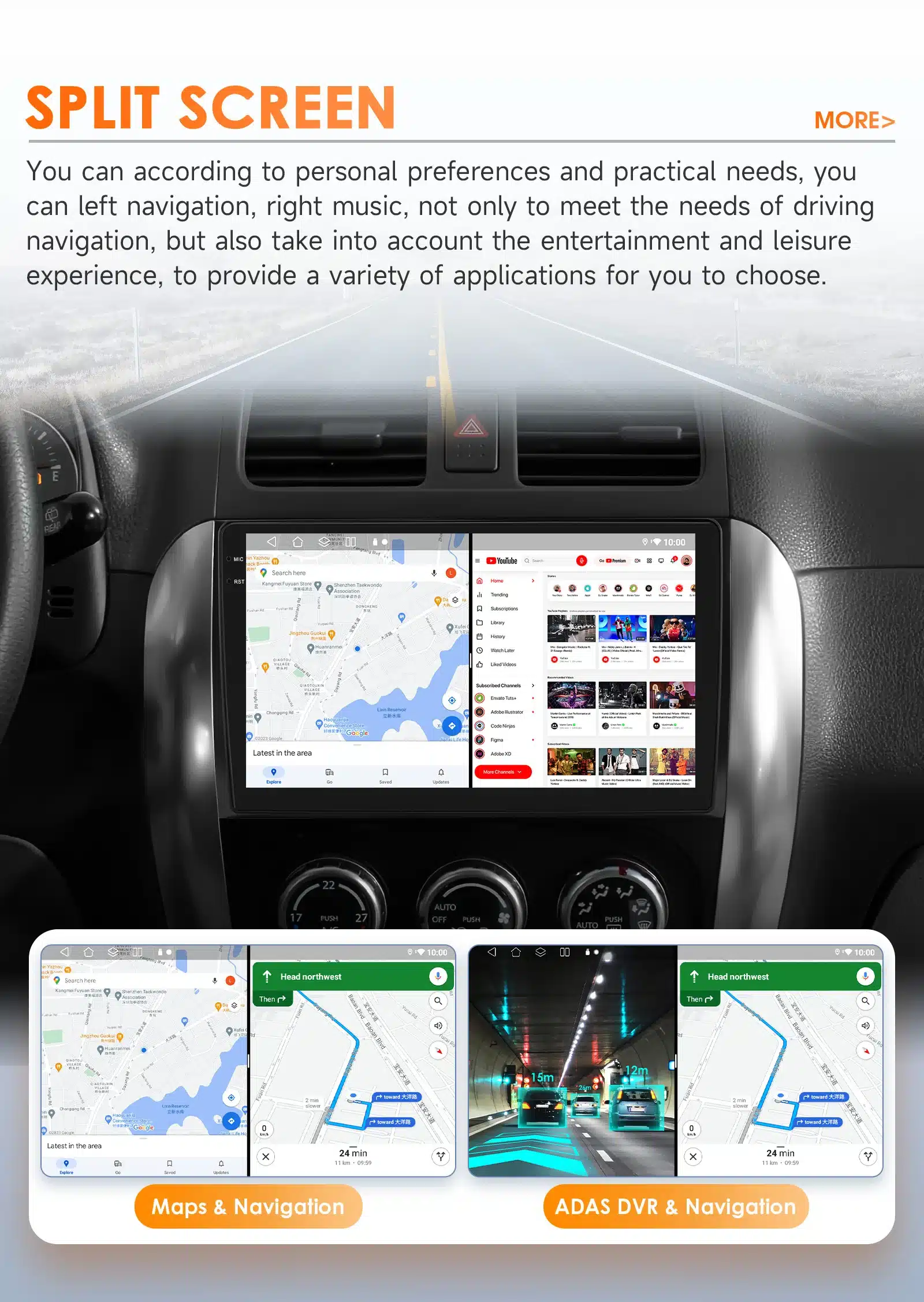 Android autoraadio Suzuki SX4 / Fiat Sedici, mis kuvab kaht erinevat rakendust, teel ja armatuurlaual, hõbedaste aktsentidega interjööris.