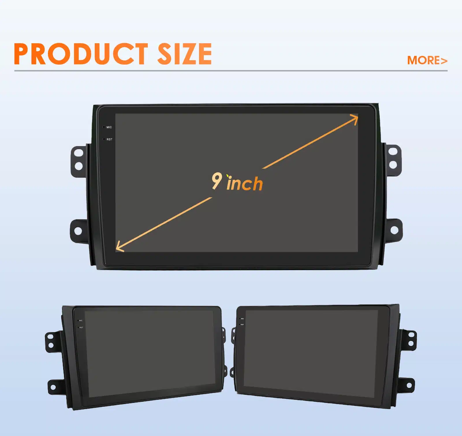 Android autoraadio Suzuki SX4 / Fiat Sedici koos 9 tollise ekraaniga, musta raamiga, esitatud hallil taustal. Näidatud on toote suurus ja paigaldusvõimalused.