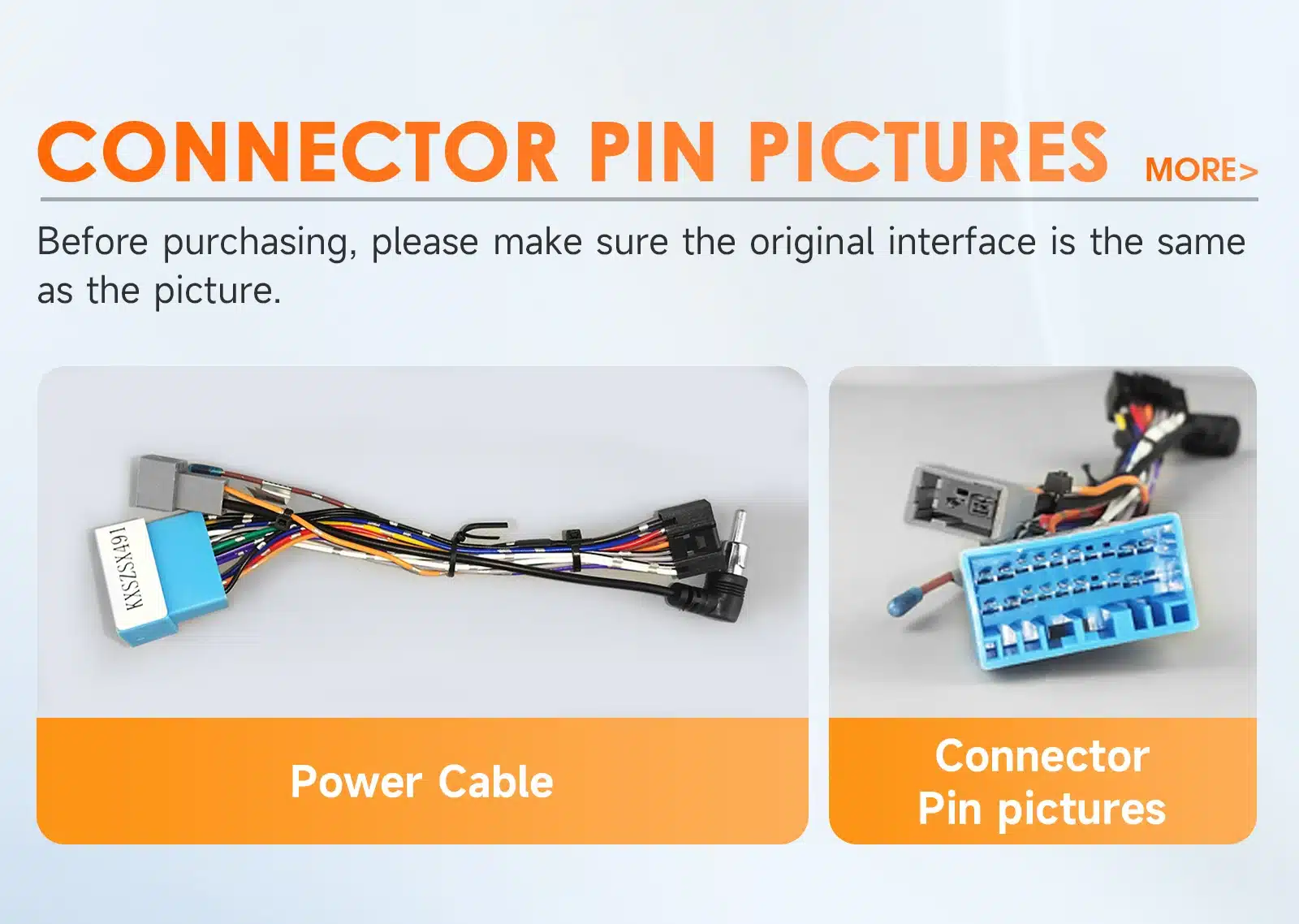Android autoraadio Suzuki SX4 / Fiat Sedici ühendusepinid ja toitejuhe, sinine pistik, erinevad värvilised juhtmed hallil taustal.