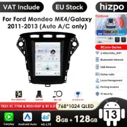 Android multimeedia autoraadio Ford Mondeo / Galaxy, must raami disain koos 768x1024 QLED ekraaniga ja funktsioonide ikoonid taustal.