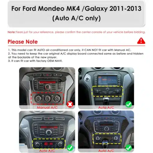 Neli erinevat Ford Mondeo ja Galaxy automudeli keskseadme pilti, mis näitavad Android multimeedia autoraadio sobivust automaatse kliimaseadmega. Kaasaegne halli ja musta kombinatsiooniga disain.