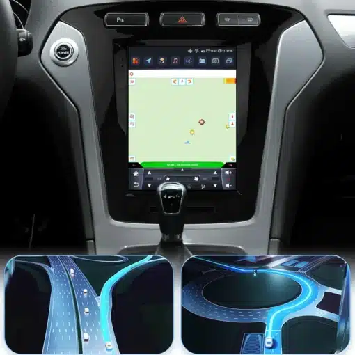 Lähivõte Ford Mondeo / Galaxy autosse paigaldatud Android multimeedia autoraadiost, millel on esikaameras navigeerimistarkvara. Raadiol on must raam ja see asub auto keskkonsoolil, ümbritsetuna nuppudest, sealhulgas Fordi võimsusnupp.